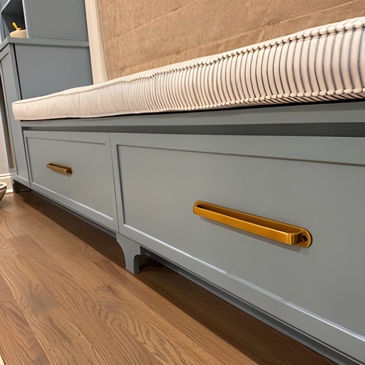 Customer photo review of Unlacquered Brass Brushed Round Drawer Pulls with Backplate
