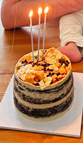 Customer photo review of chocolate caramel cake