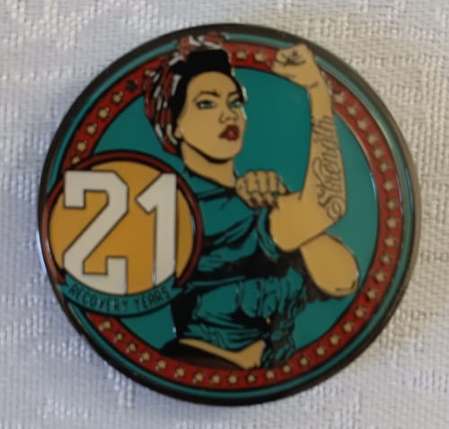 Customer photo review of Rosie Recovery Strength 21 Year AA/NA Medallion - Tri-Plate Twenty-One Year Chip/Coin
