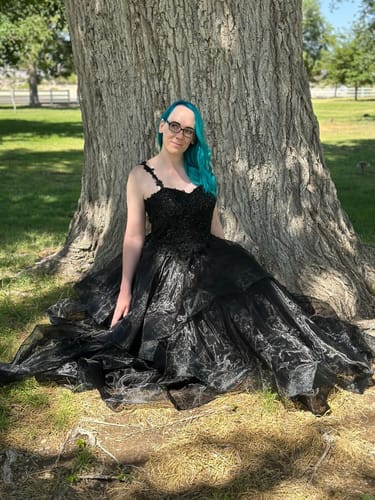 Customer photo review of Classic Gothic Black Lace Embroidered A-Line Formal Dress With Ruffle Skirt Spaghetti Straps Plus Size