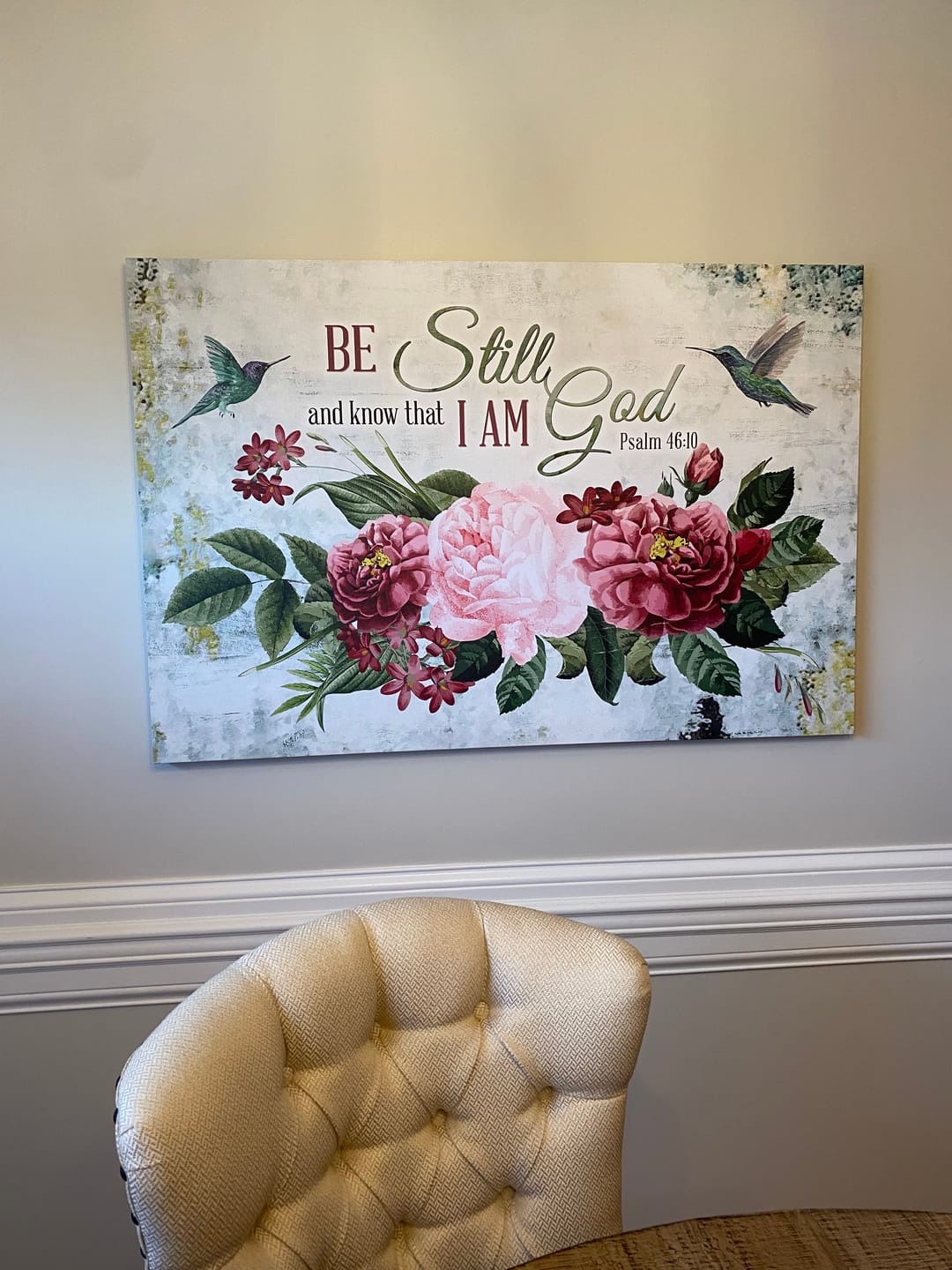 Customer photo review of Be Still and Know That I Am God, Vintage Flower Hummingbird, Wall art canvas