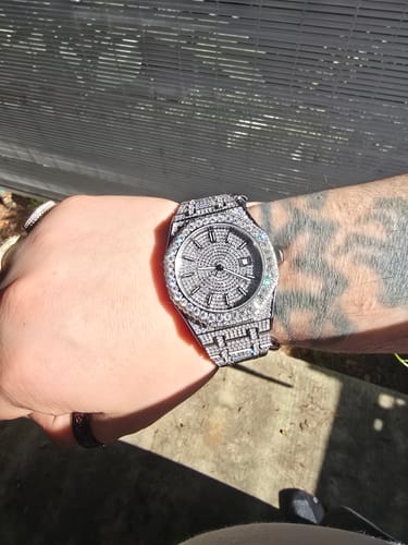 Customer photo review of Bust Down Moissanite Watch | 44MM | 14K White Gold