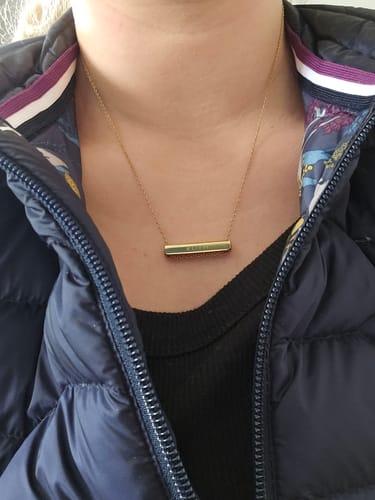 Customer photo review of 3cm Letter Bar Necklace in Gold Horizontal