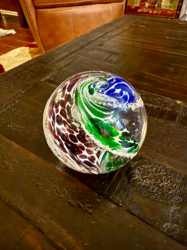 Customer photo review of Blue & Green Cat Eye Orb with Cremation Ashes