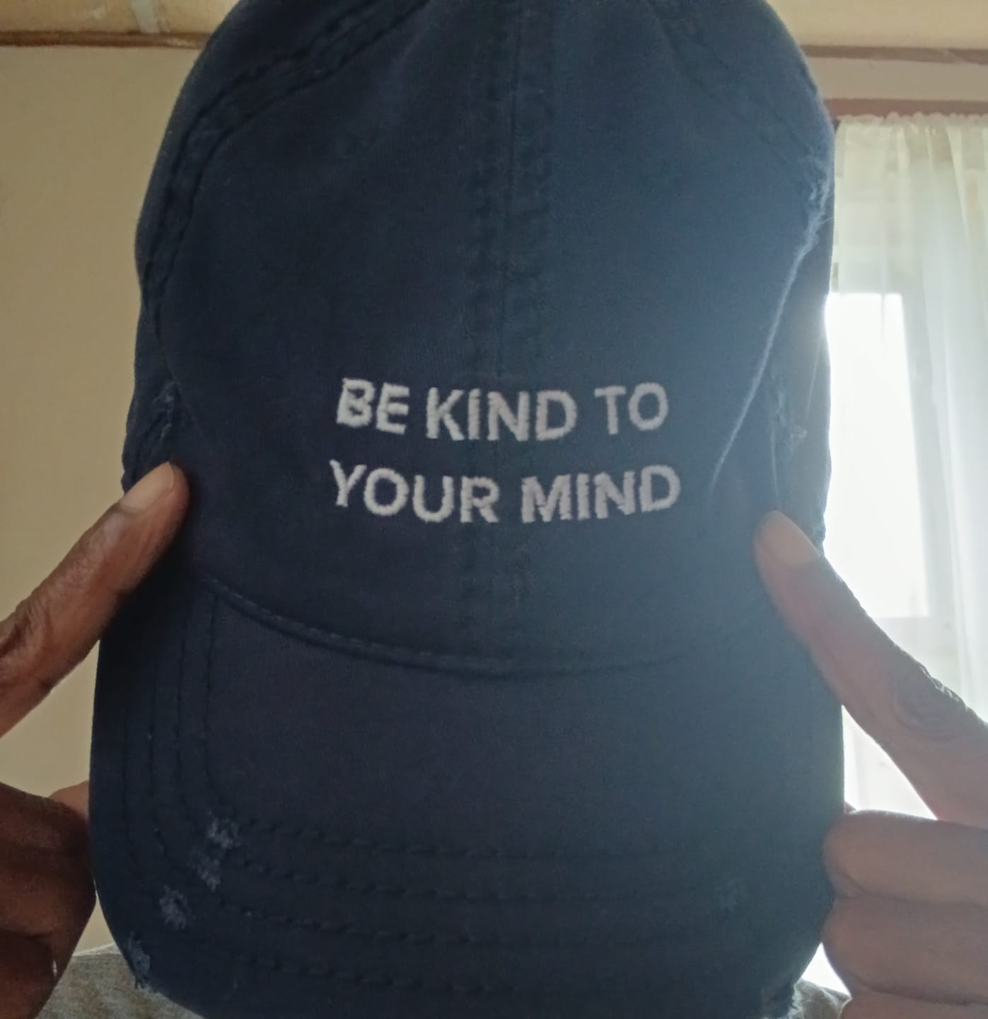 Customer photo review of Be Kind To Your Mind Distressed Hat