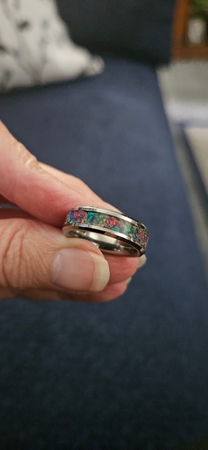 Customer photo review of Tungsten Opal Ring with Cremation Ashes