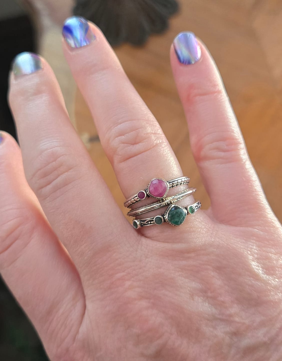 Customer photo review of Ruby and Emerald Stackable Ring Set