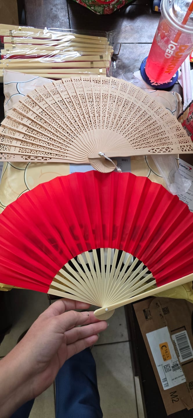 Customer photo review of 9" Red Silk Hand Fans for Weddings (10 Pack)