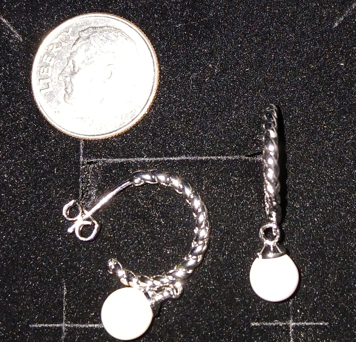 Customer photo review of Cheyanne 18k White Gold Plated 16mm Twisted Half Hoop Drop Pearl Earrings