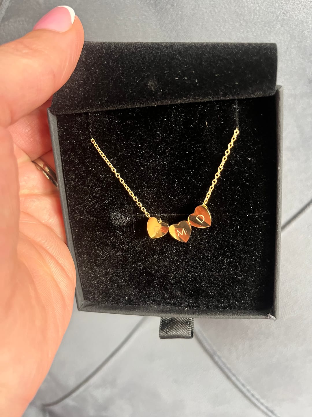 Customer photo review of Amo Heart Triple Bead Necklace in Gold