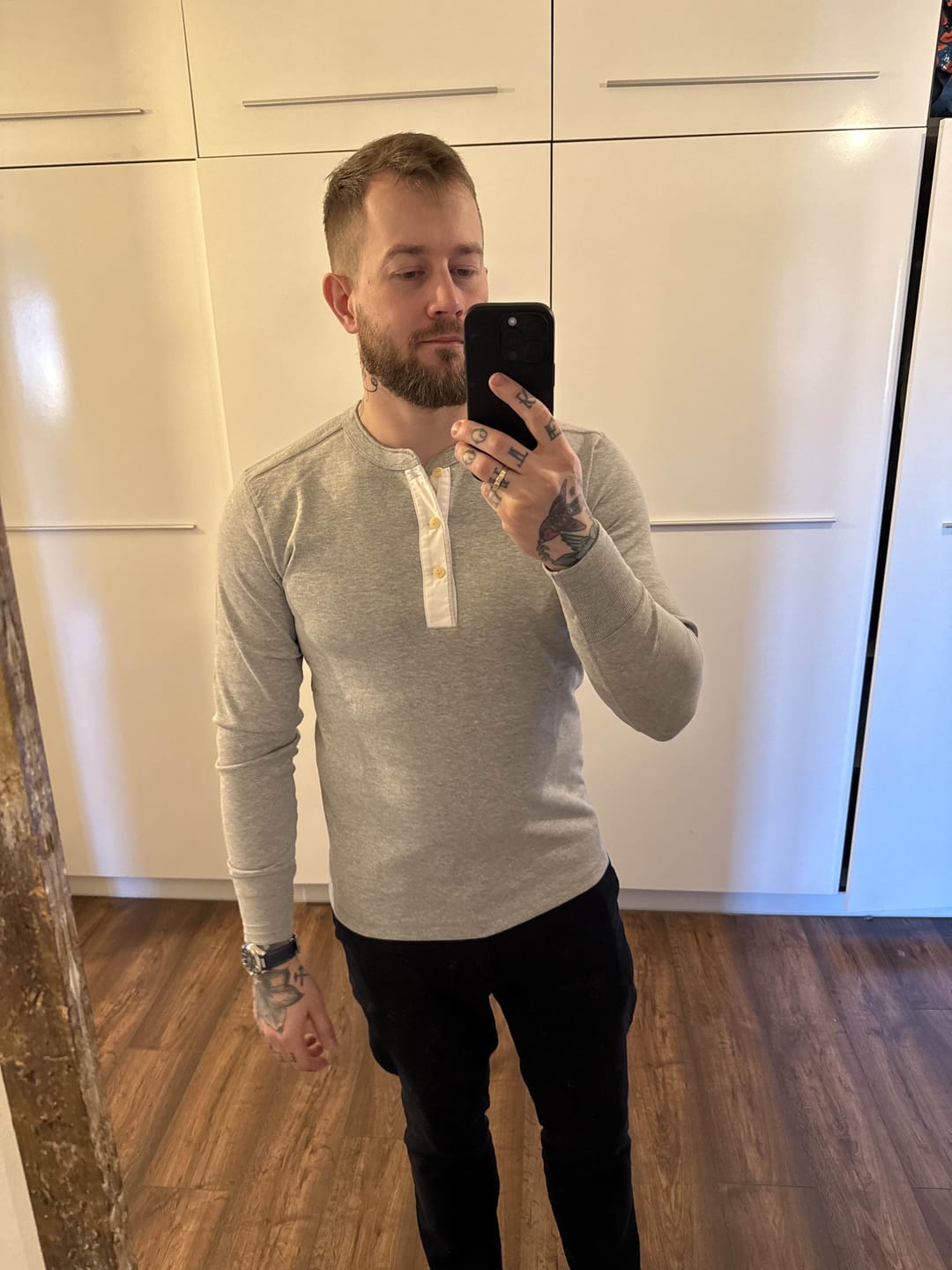Customer photo review of Vintage Long Sleeve Henley Shirt - Gray