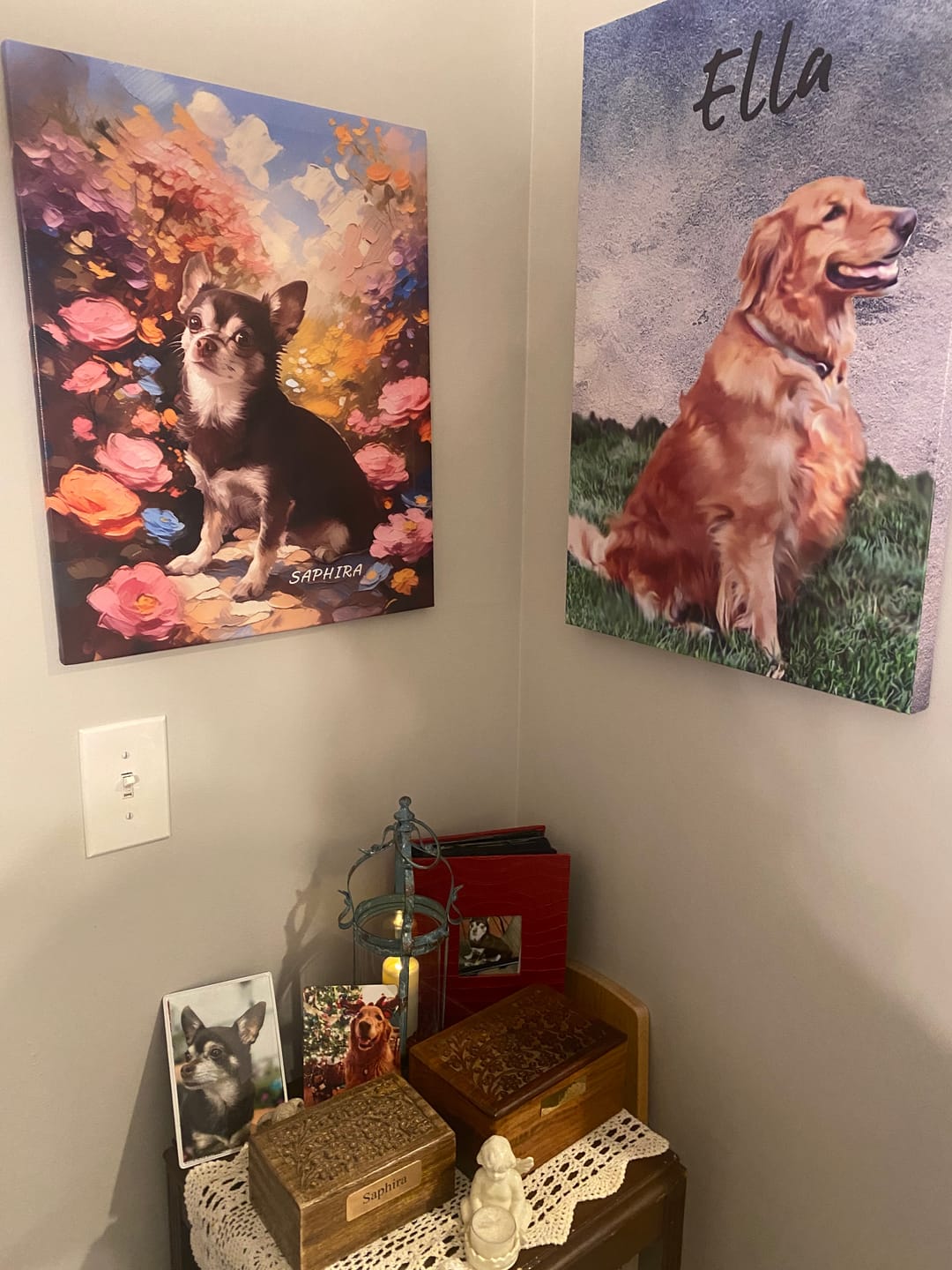 Customer photo review of Monet-style garden oil painting pet portrait