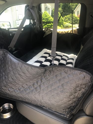 Customer photo review of NEW Waterproof Hard Bottom Car & Truck Seat Foldable Hammock Cover With Storage Pockets, Side Flaps, Headrest Straps, Seat Anchors, & Mesh Window (+FREE SAFETY BELT!)