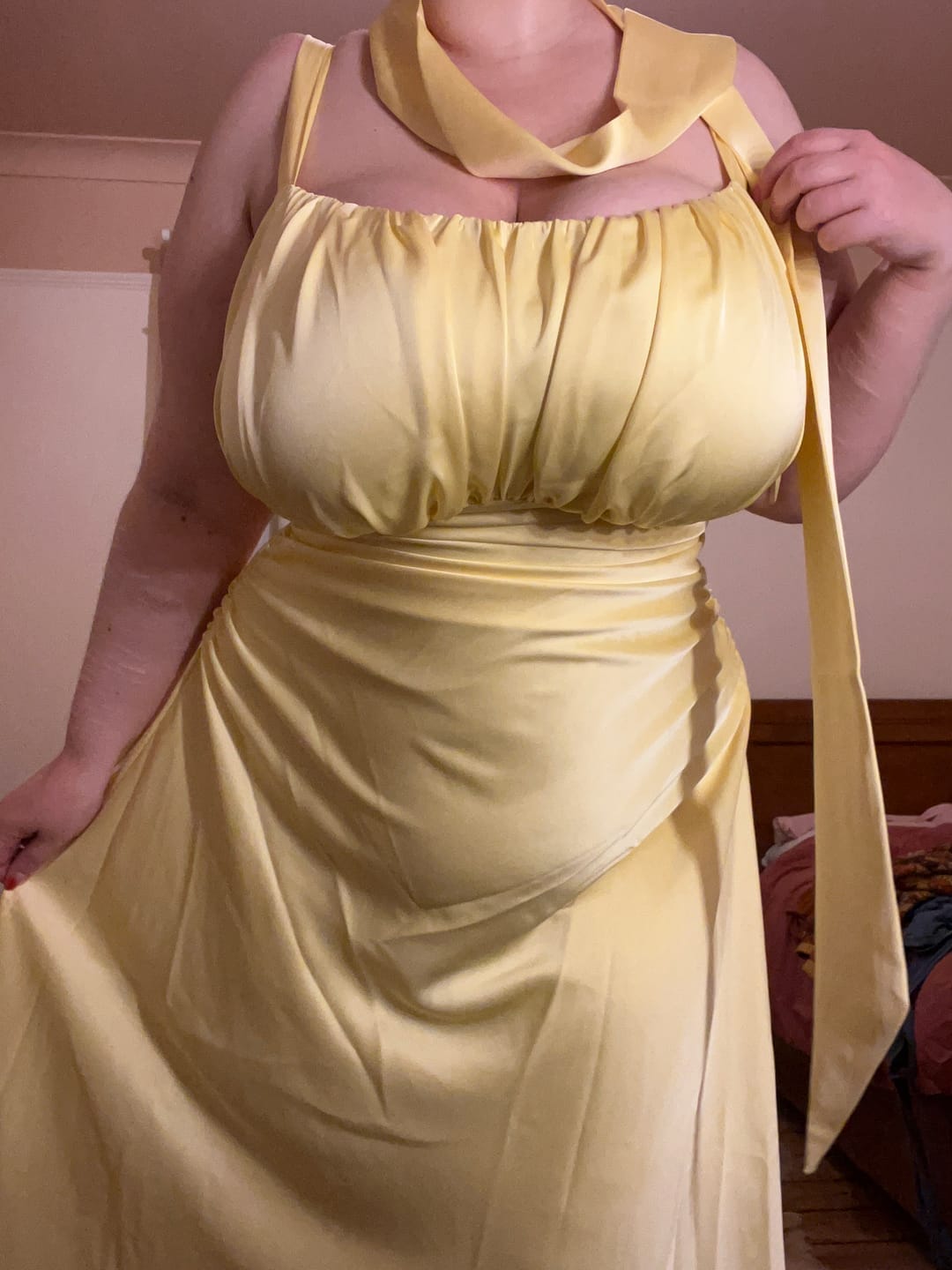 Customer photo review of 'Adrienne' Butter Yellow Fuller Bust Satin Midi Dress