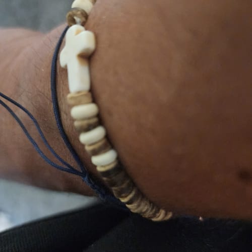 Customer photo review of Coconut Shell Wood Chip Turquoise Cross Bracelet
