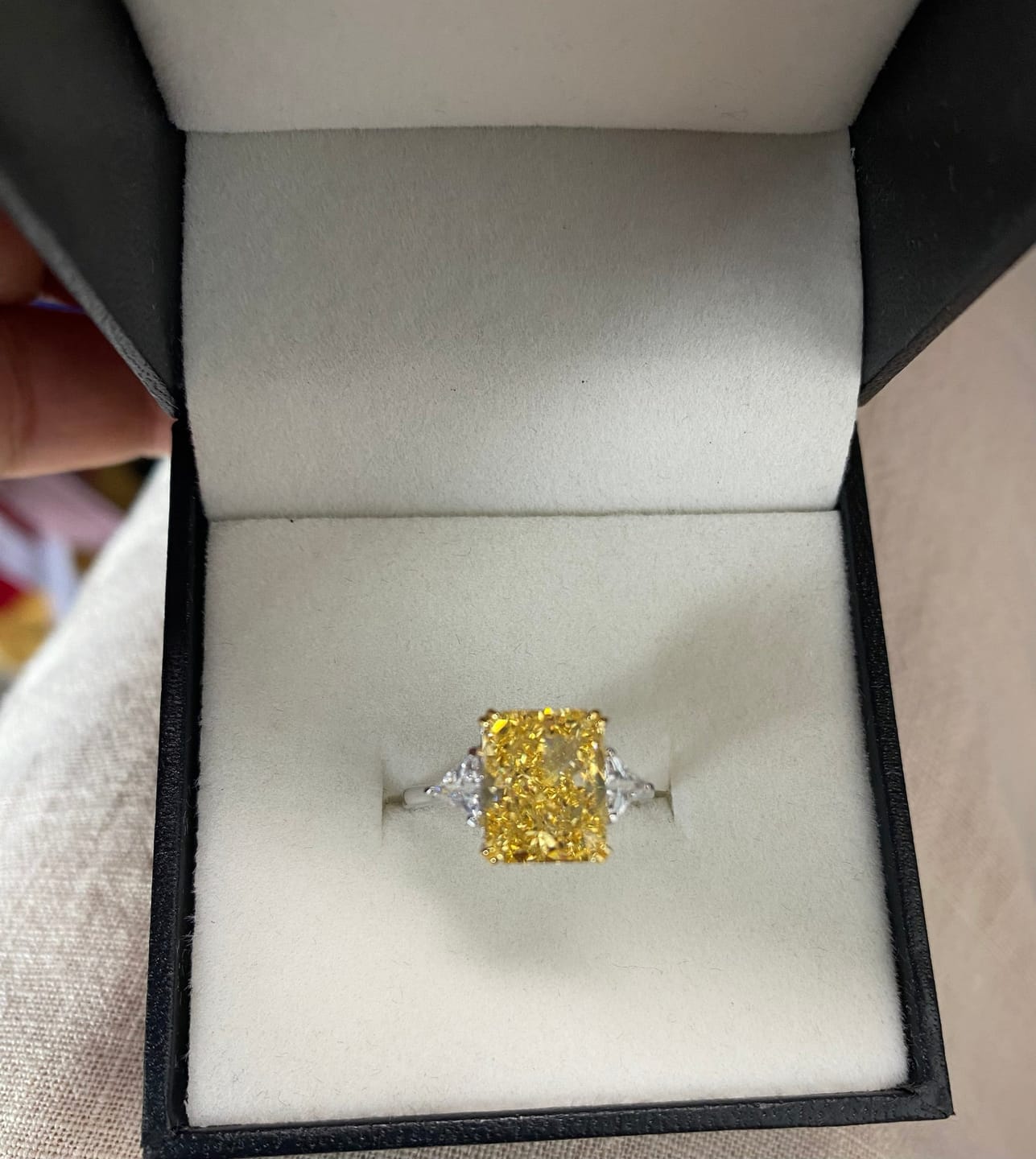 Customer photo review of S925 4.0Ct Radiant & Triangle Cut Yellow Stone Three Stone Engagement Ring In Sterling Silver