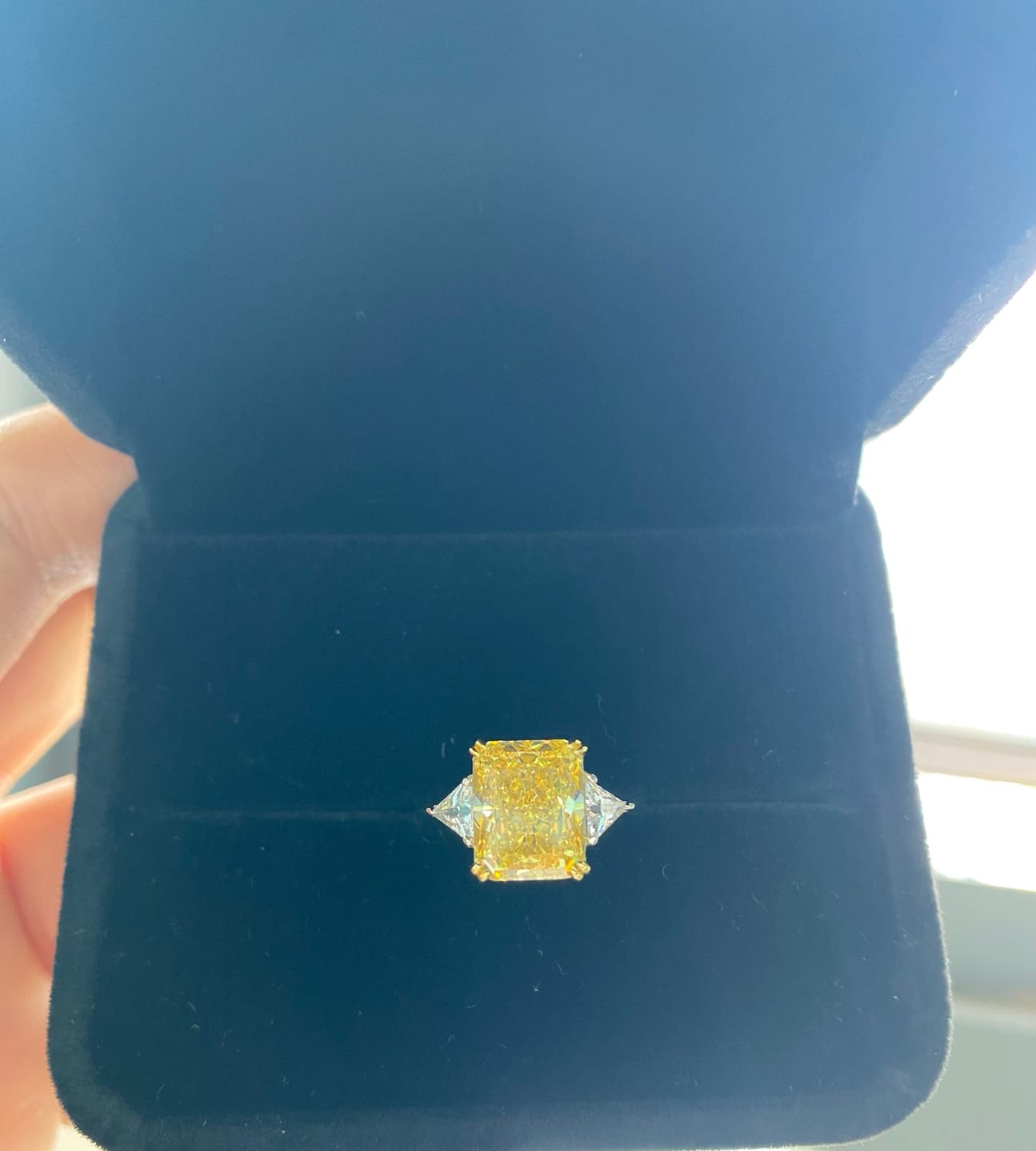 Customer photo review of S925 4.0Ct Radiant & Triangle Cut Yellow Stone Three Stone Engagement Ring In Sterling Silver