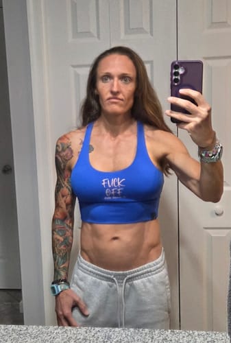 Customer photo review of Salty Savage Ladies "Fuck Off" X Back Longlne Sports Bra | Cocoa Beach Performance | Pink