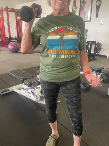 Customer photo review of Old Woman Lift T-Shirt