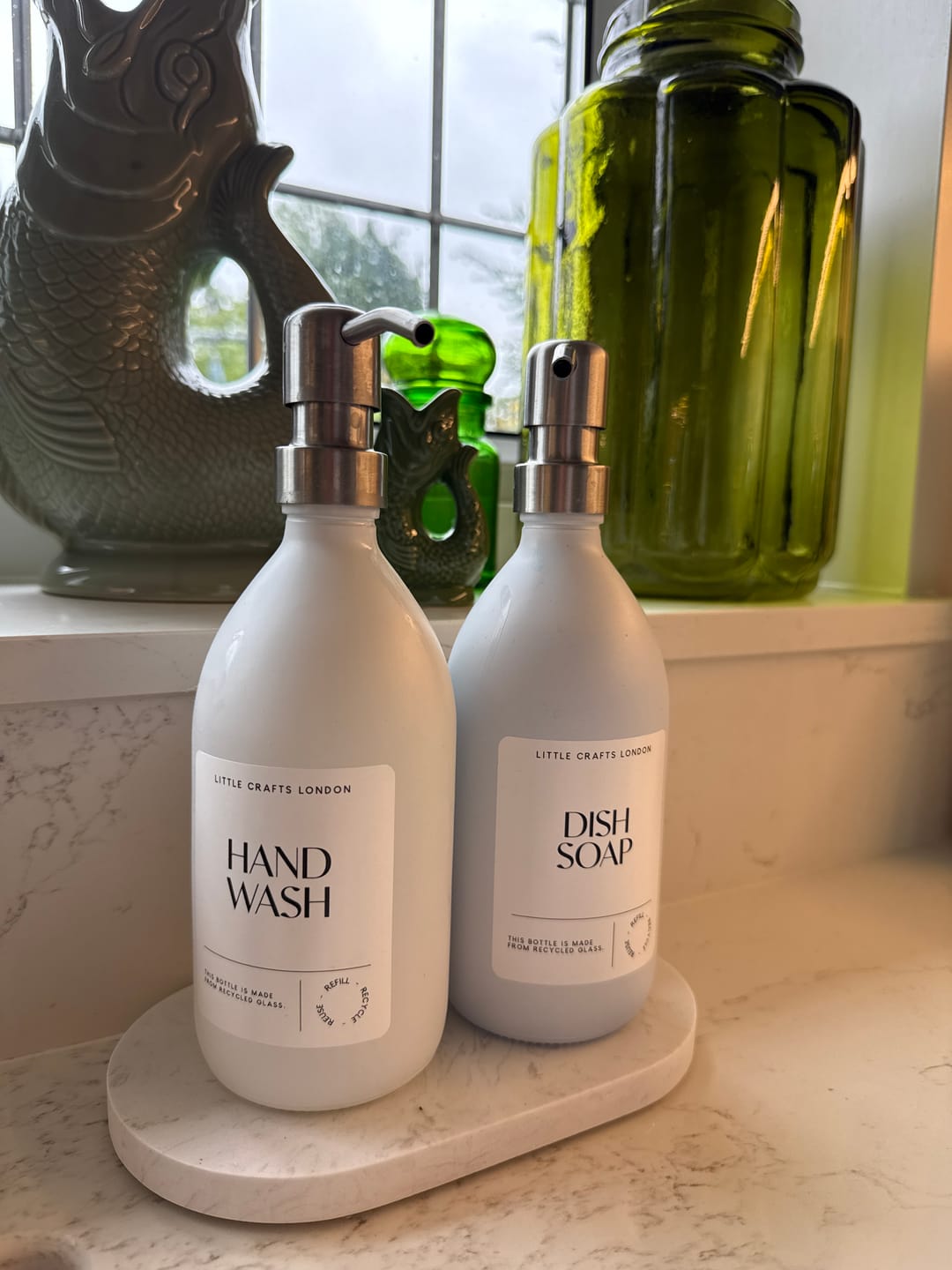 Customer photo review of Set of 2 Milky White Glass Bottle 500 ML with Stainless Steel Pump & Small Tray (White Label)