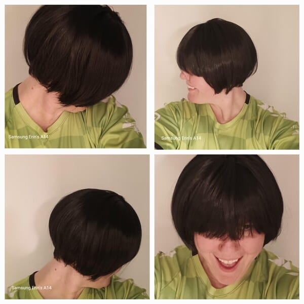 Customer photo review of Women Black Short Straight Round Bob Full Blunt Bangs Wig