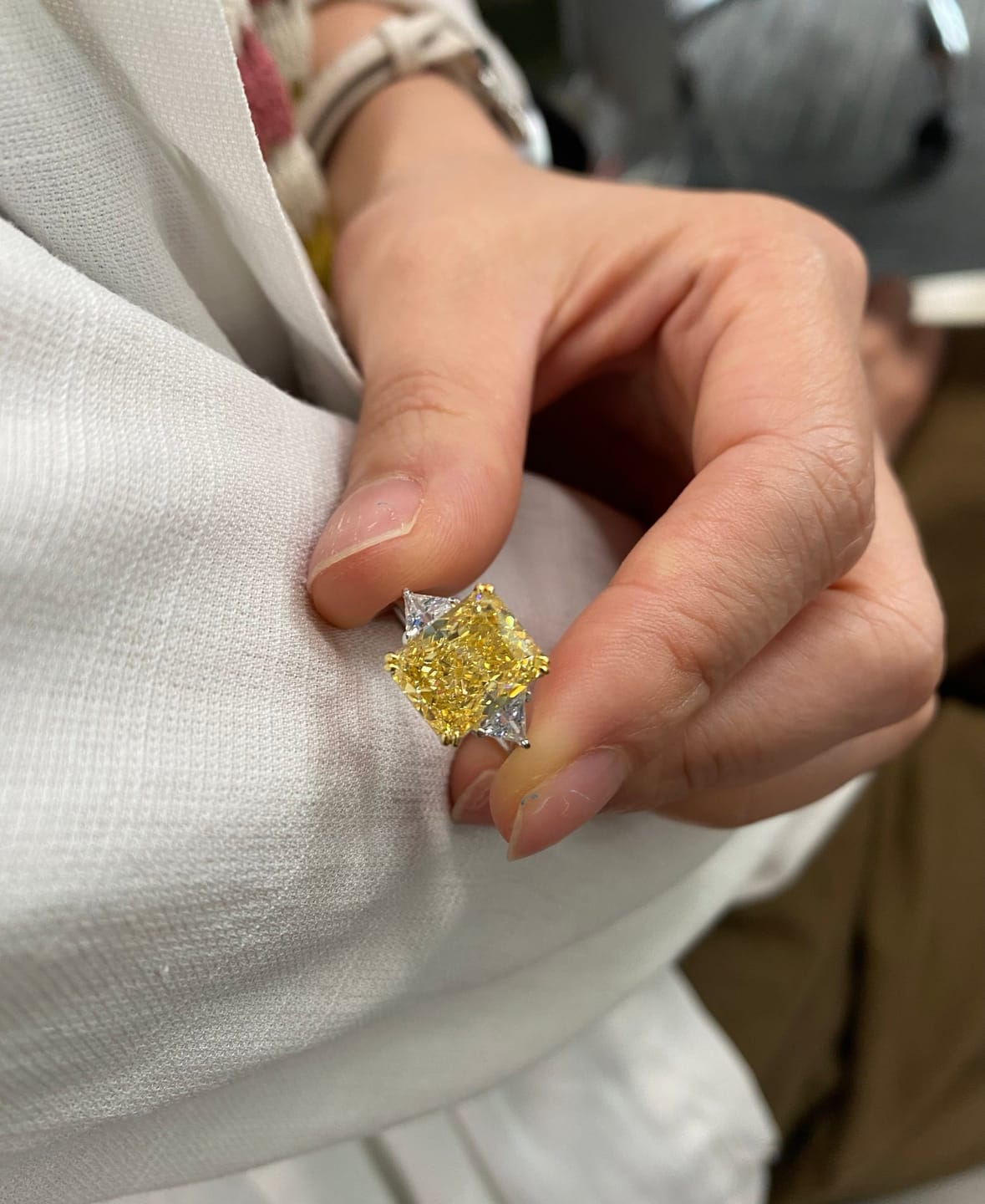 Customer photo review of S925 4.0Ct Radiant & Triangle Cut Yellow Stone Three Stone Engagement Ring In Sterling Silver