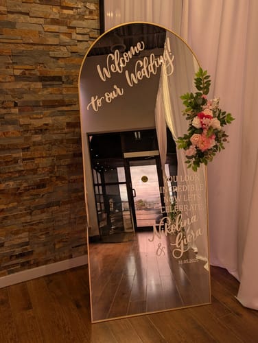 Customer photo review of Selfie Full-Length Arch Mirror Rental for Wedding Custom Decals Included