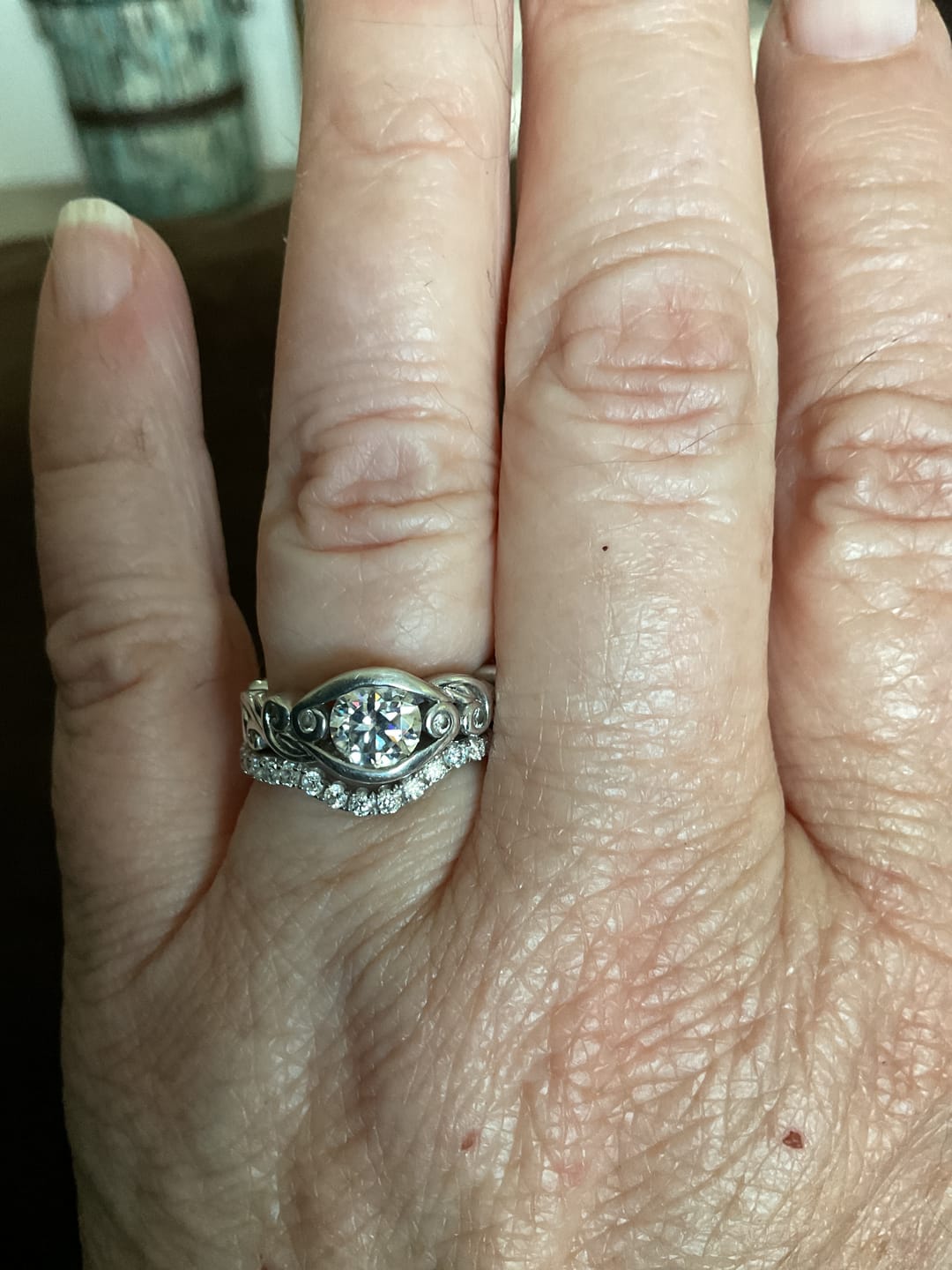 Customer photo review of Curved Pave Moissanite Half Eternity Wedding Band Stackable Ring