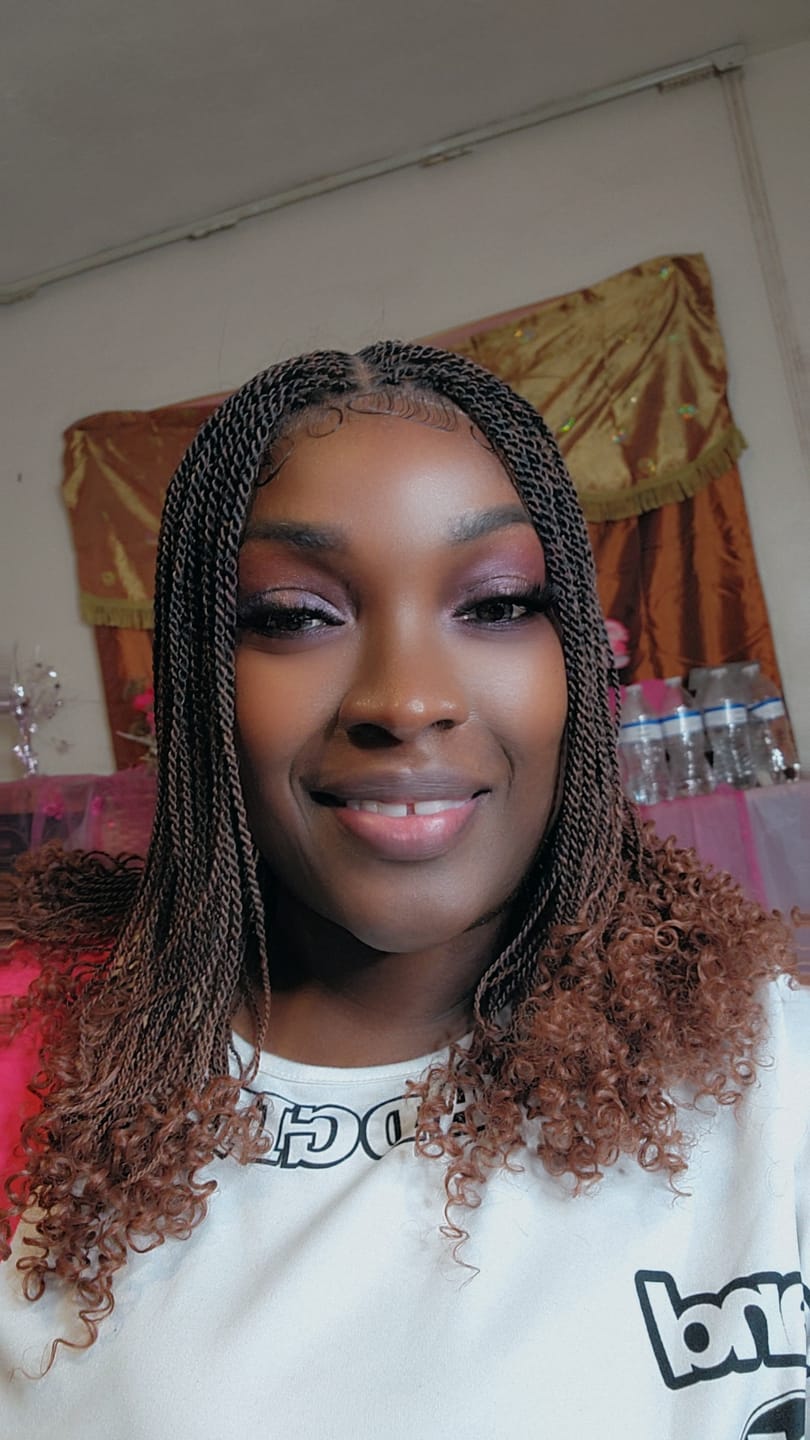 Customer photo review of Tina - Senegalese Mini Twist Braided Wig 14" Full Hand-tied Swiss HD Lace With Curly Ends - Human Baby Hair