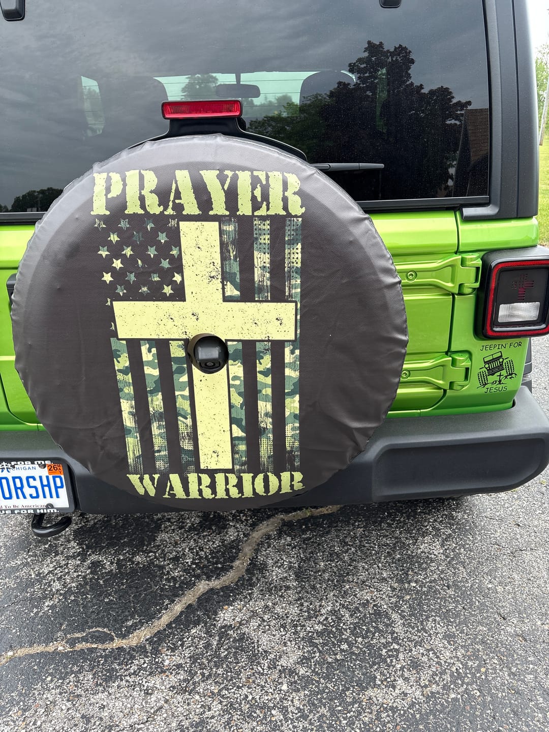 Customer photo review of Christian Patriotic Spare Tire Cover Prayer Warrior Camo American Flag Bible Verse Faith Jesus TS02