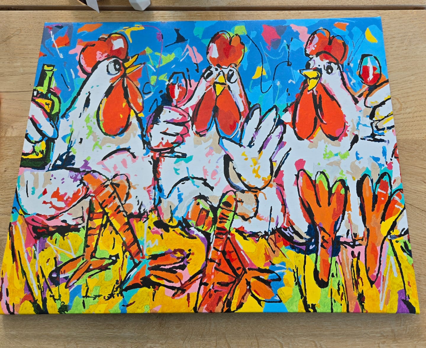 Customer photo review of Vrolijk Schilderij - Kippen Aan De Wijn