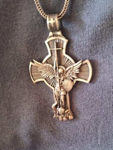 Customer photo review of Saint Michael Cross Necklace