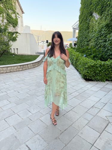 Customer photo review of BCBG Max Azria | Celadon Ruffled Maxi Dress (Vintage)