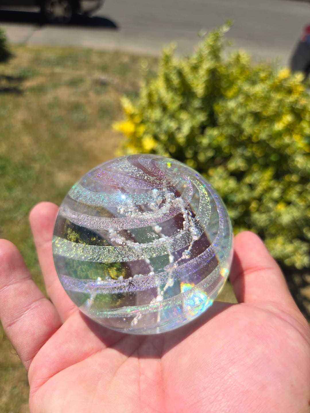 Customer photo review of Illuminated Dichroic Rainbow Orb with Cremains