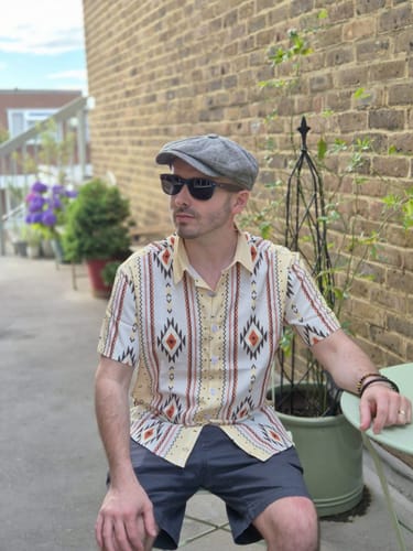 Customer photo review of Men's Vintage Vertical Striped Short Sleeve 70s Retro Aztec Print Button Up Shirt