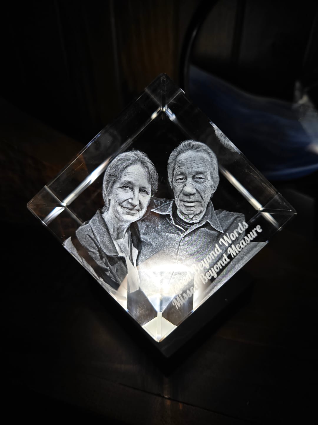 Customer photo review of NZ Made Personalised XL 3D Photo Crystal Diamond - 80mm x 80mm x 80mm