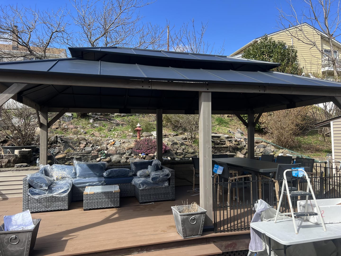 Customer photo review of SUNJOY 12x20 Wooden Frame Hardtop Gazebo with Rectangle Double Tier and Ceiling Hook - Standard Driftwood Cedar
