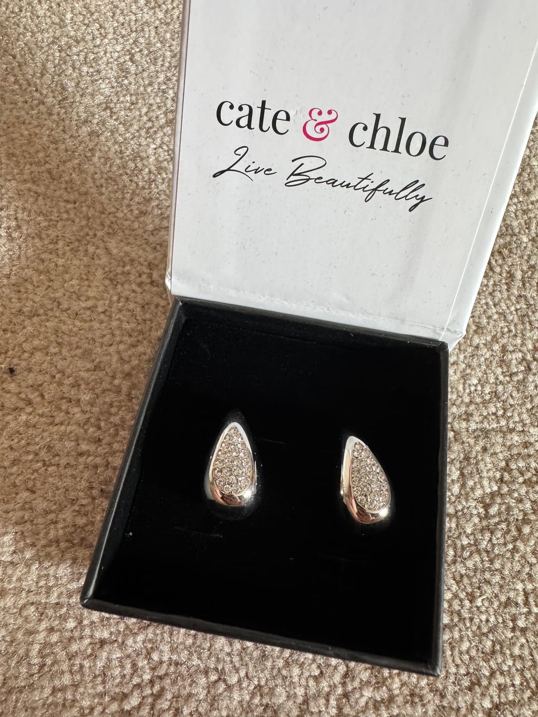 Customer photo review of Sally 18k White Gold Plated Tear drop Stud Earrings with Swarovski Crystals