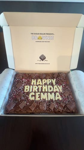 Customer photo review of Mega custom message chocolate fiend brownie