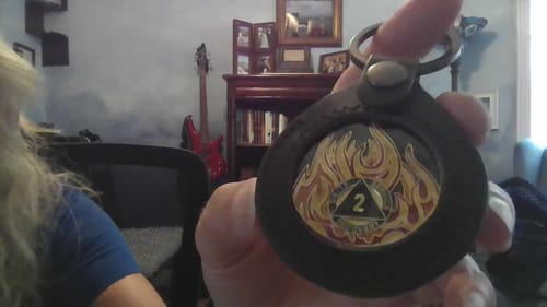 Customer photo review of 1 to 40 Year Sobriety Mint Twisted Flames Gold Plated AA Recovery Medallion/Chip/Coin - Black/Red/Orange/Yellow