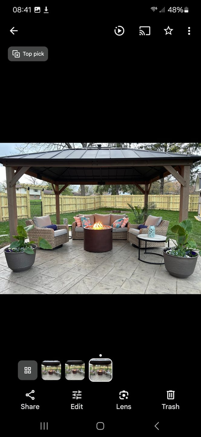 Customer photo review of SUNJOY 11x13 Wooden Gazebo with Solar Panel, LED Lights and Ceiling Hook - Weathered Cedar