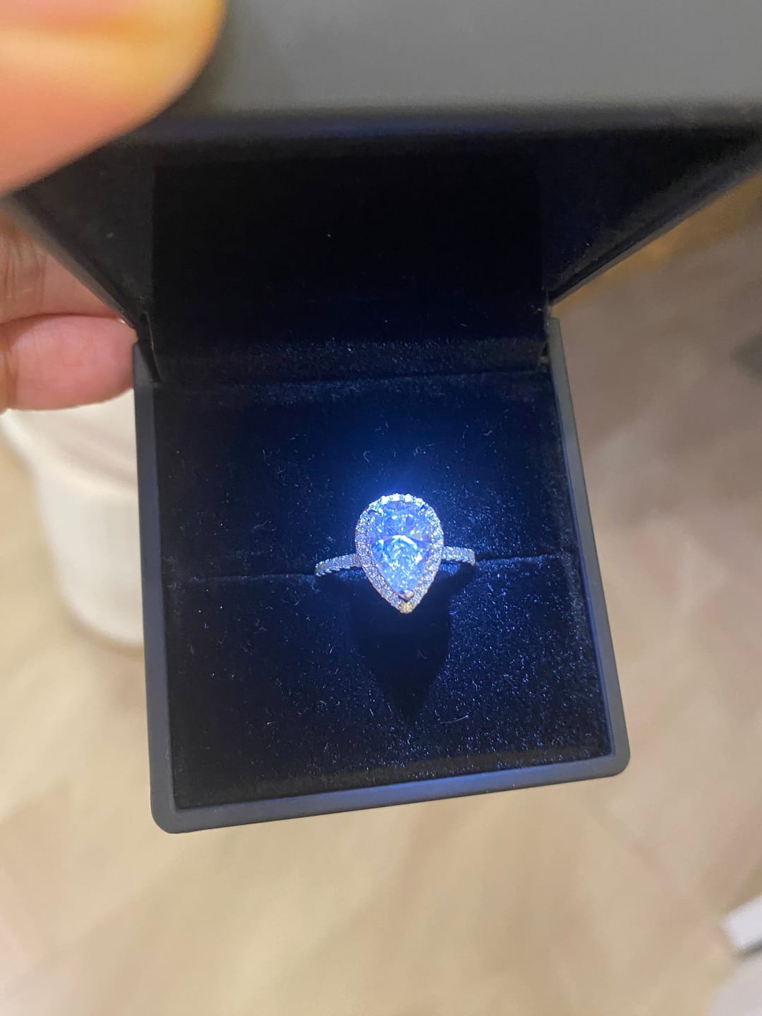 Customer photo review of Rodiffy Moissanite 2.5 Ct Pear Cut Halo Engagement Ring For Women
