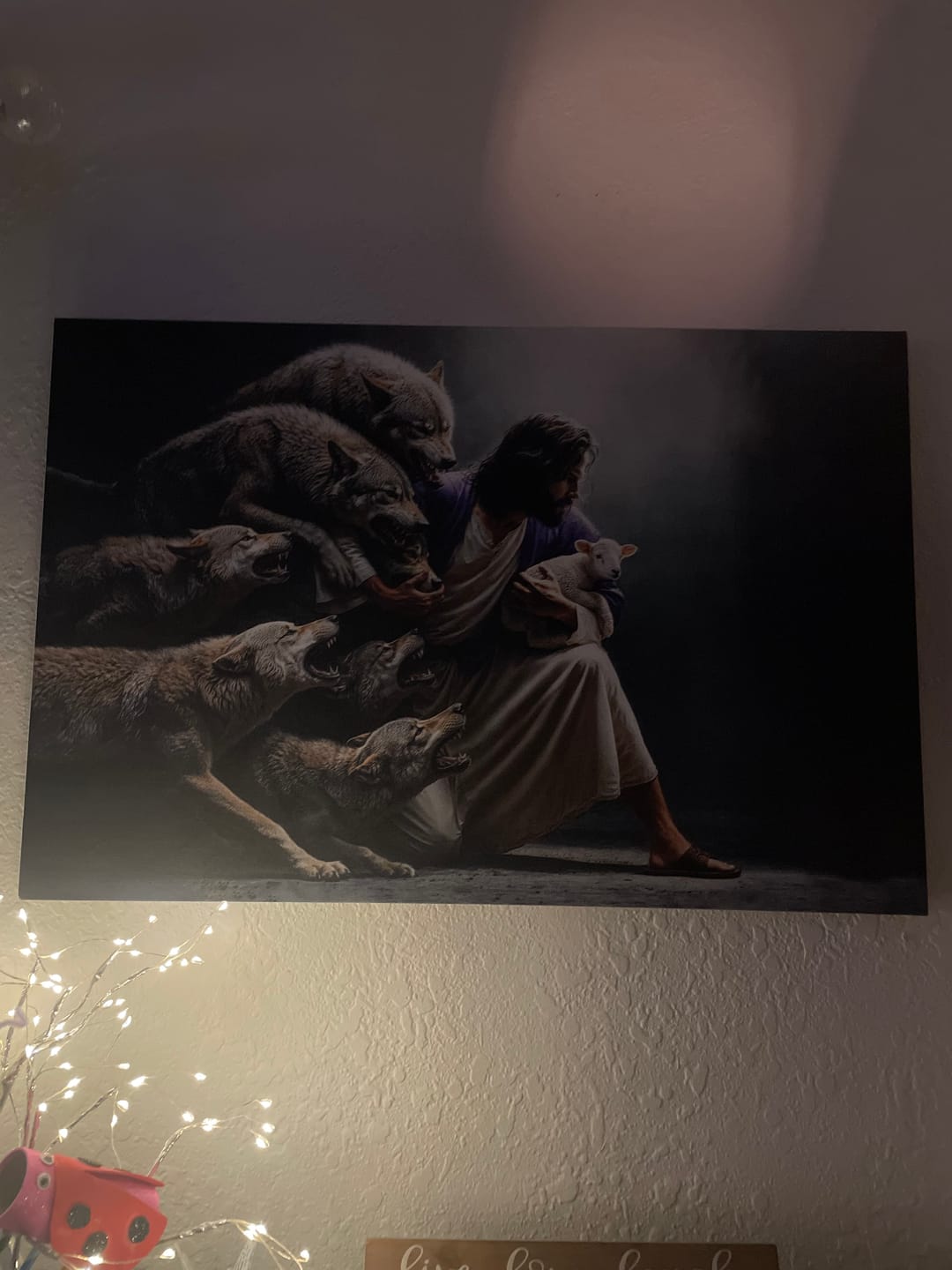 Customer photo review of Jesus Protects The Lamb From Wolves Wall Art Canvas
