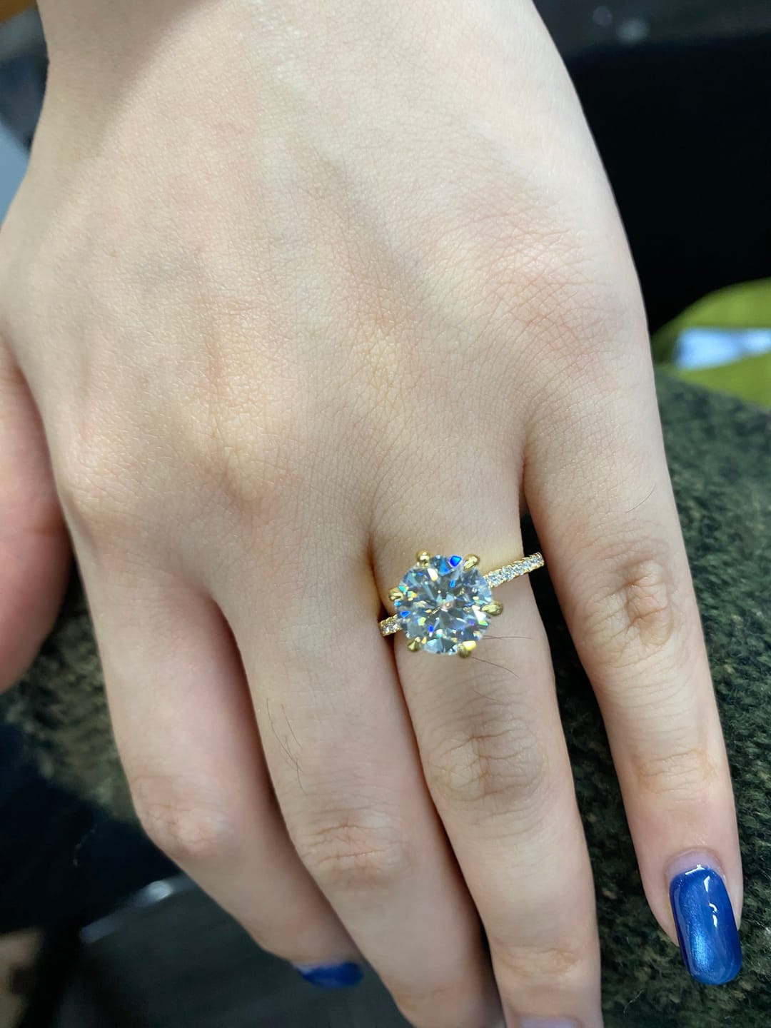 Customer photo review of Rodiffy Moissanite 2.0 Ct ~4.0 Ct Round Cut 6 Prong Yellow Gold Promise Ring