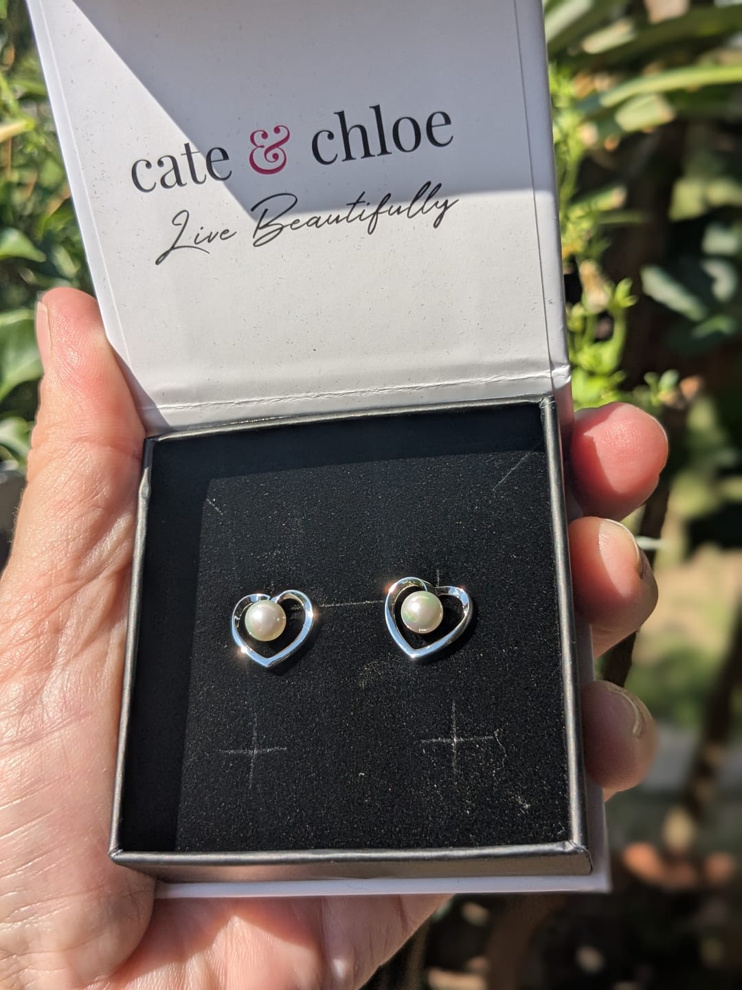 Customer photo review of Harley 18k White Gold Plated Heart Stud Earrings with Shell Pearls