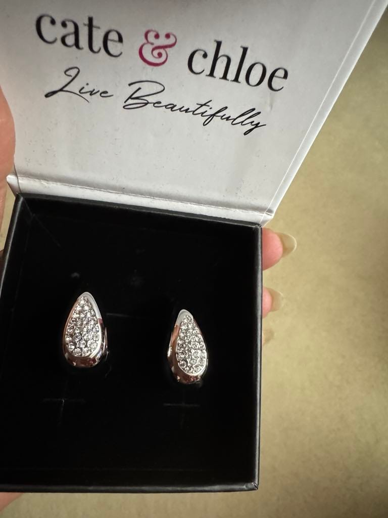 Customer photo review of Sally 18k White Gold Plated Tear drop Stud Earrings with Swarovski Crystals