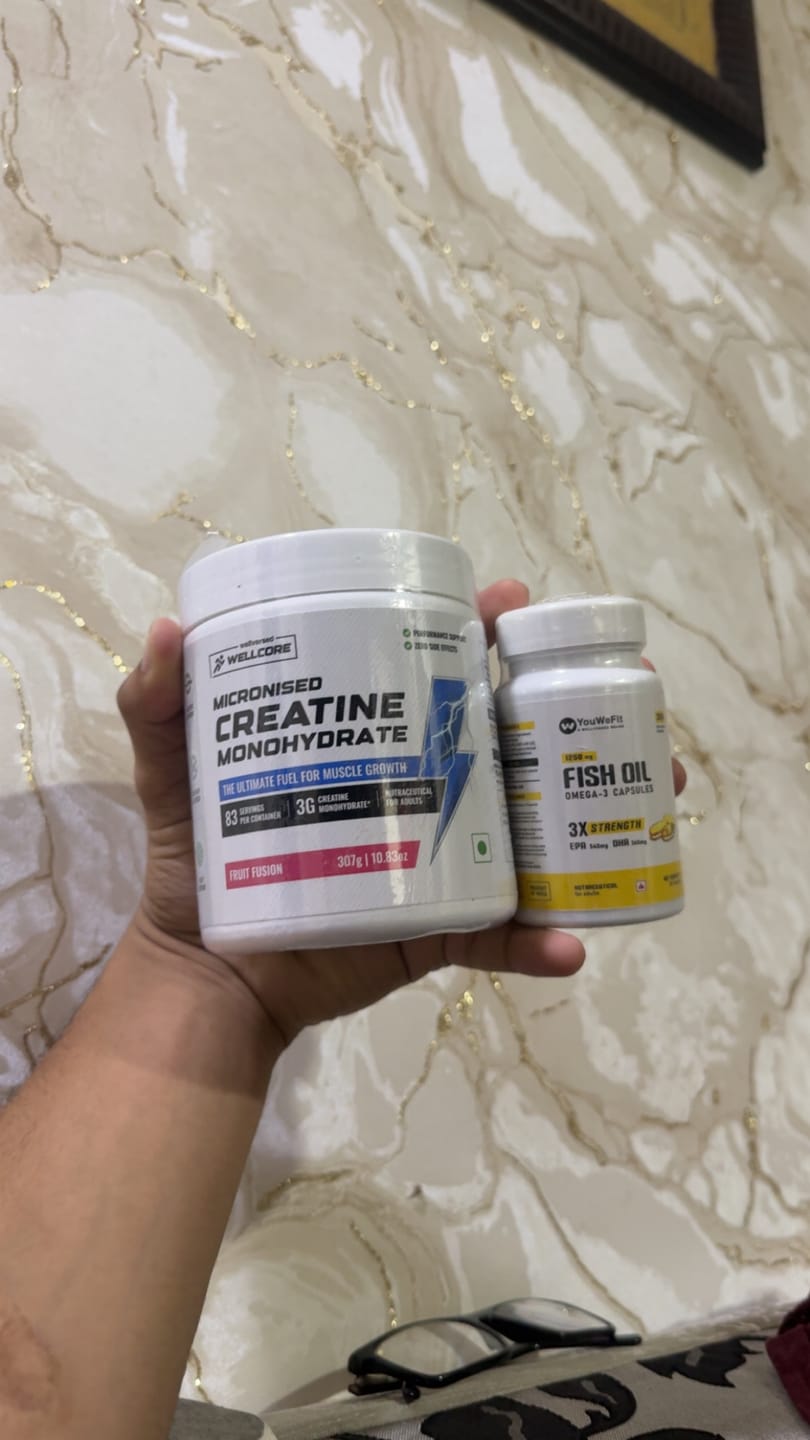 Customer photo review of Wellcore Creatine Monohydrate (Fruit Fusion, 83 Servings) + YouWeFit Omega-3 Triple Strength Fish Oil (1250mg, 30 Capsules)