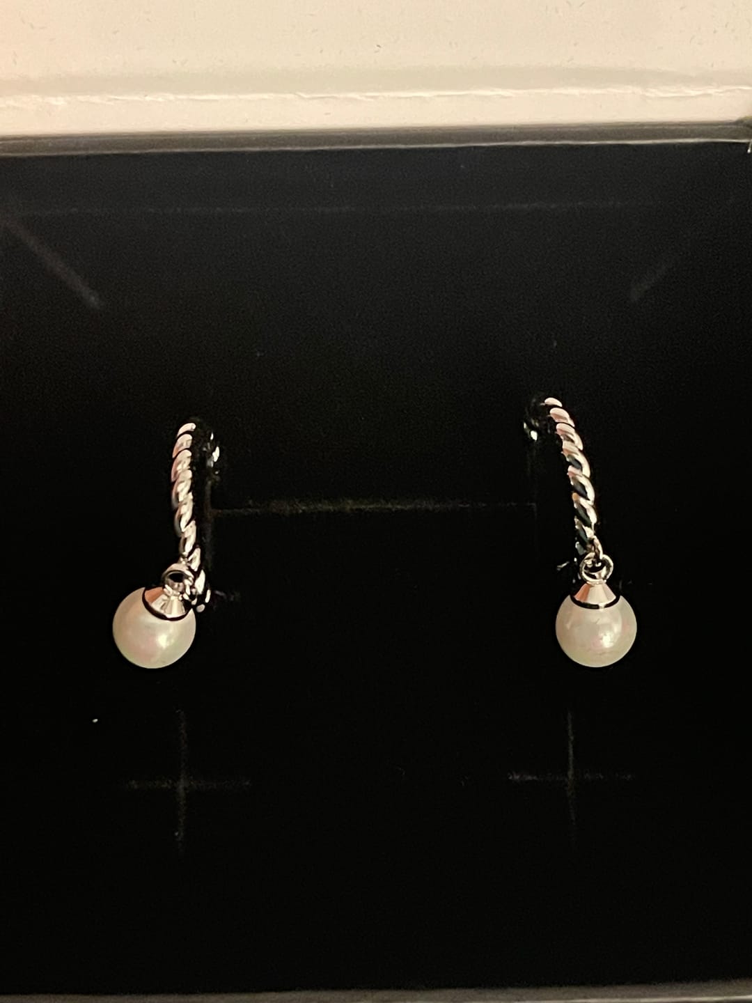 Customer photo review of Cheyanne 18k White Gold Plated 16mm Twisted Half Hoop Drop Pearl Earrings