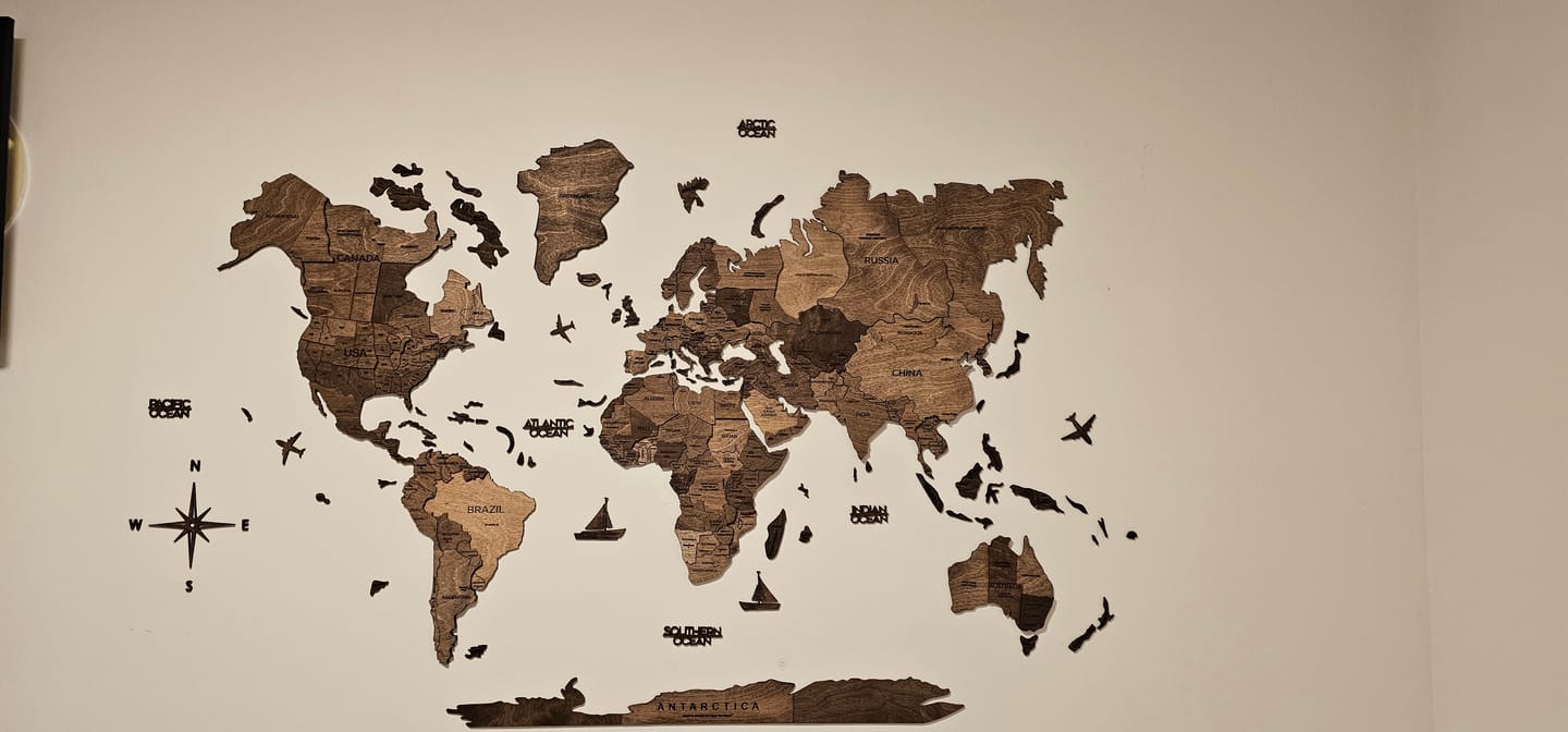 Customer photo review of 3D Wooden World Map Dark Walnut