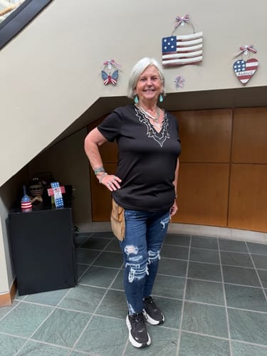 Customer photo review of Solid Black V-Neck Top W/ Boot Stitch Mesh Cutout & Embroidery
